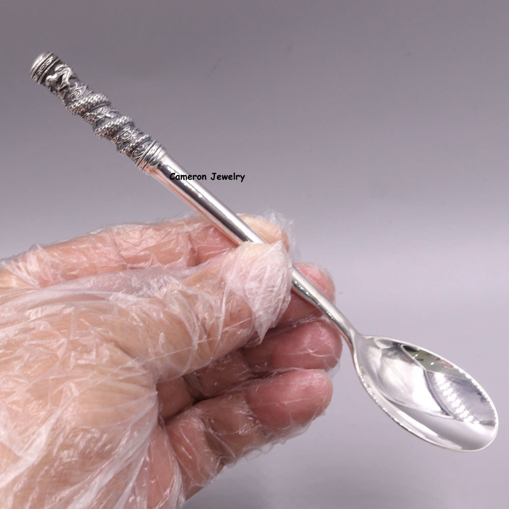 Solid S999 Fine Silver Healthy Tableware Dragon Handle Soup Spoon 35-36g 6.2in