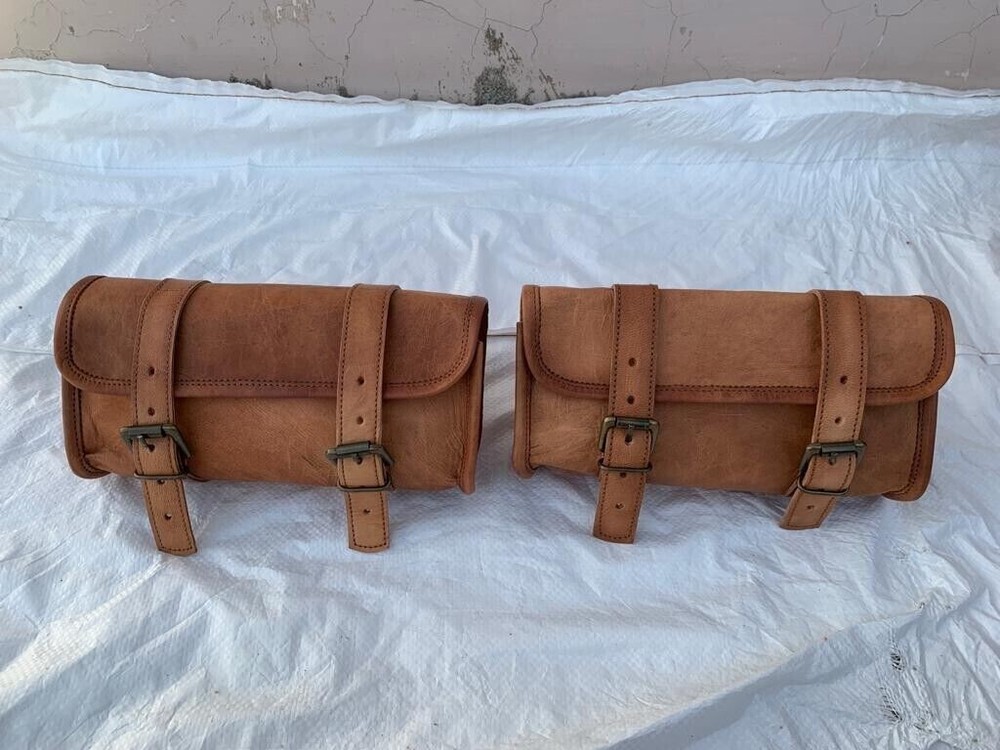 Bag Tool Motorcycle Leather Brown Saddle Pouch Luggage Side Fork Storage Front