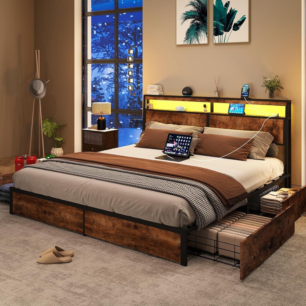 King Queen Full 4 Drawers Platform Bed Frame with LED Light, Charging Station