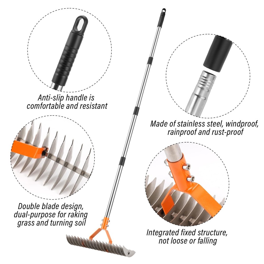 Adjustable Thatch Rake 19 Tine Lawn Dethatcher 62in Spring Yard Aerator