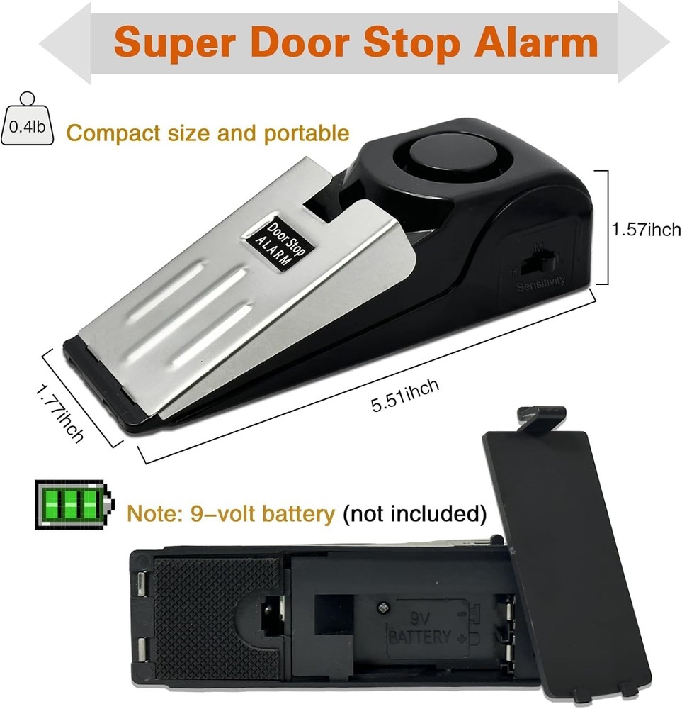 Adjustable Sensitivity Door Stop Alarm - 2 Pack Security for Apartments & Hotels