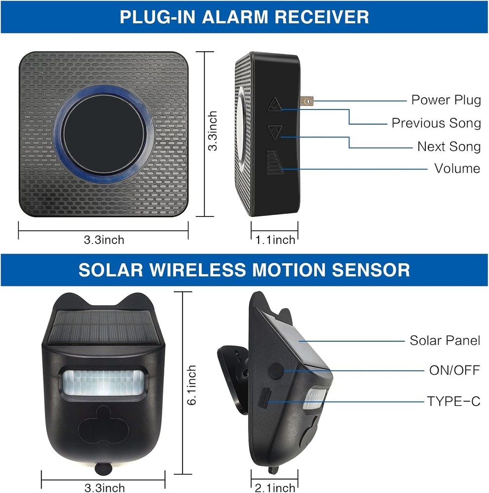 Solar Wireless Driveway Alarm System - 600ft Motion Detection Security Solution
