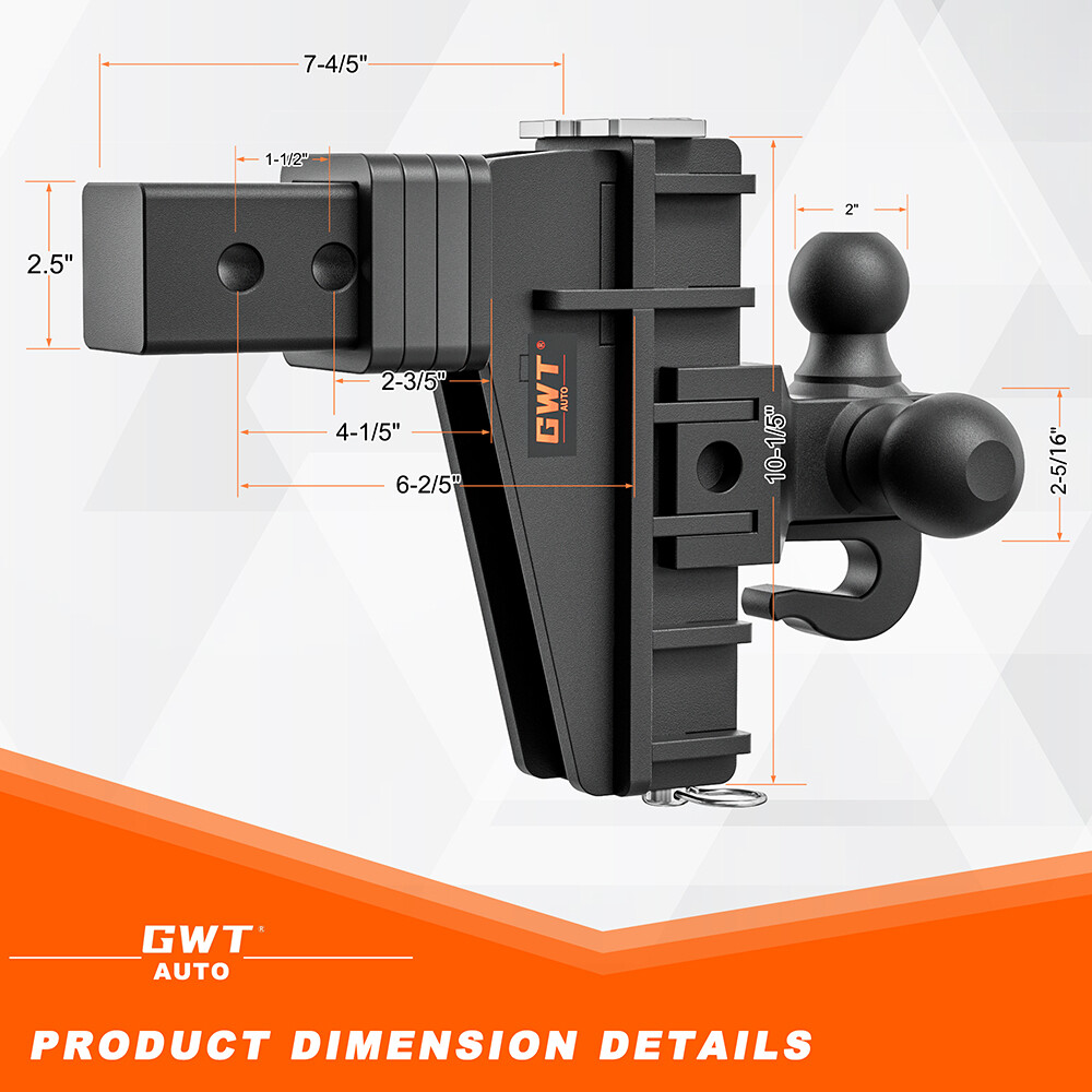 Trailer Hitch 2.5'' Receiver w/Hook 6'' Drop Hitch 18500LBS Tri-Ball Adjustable