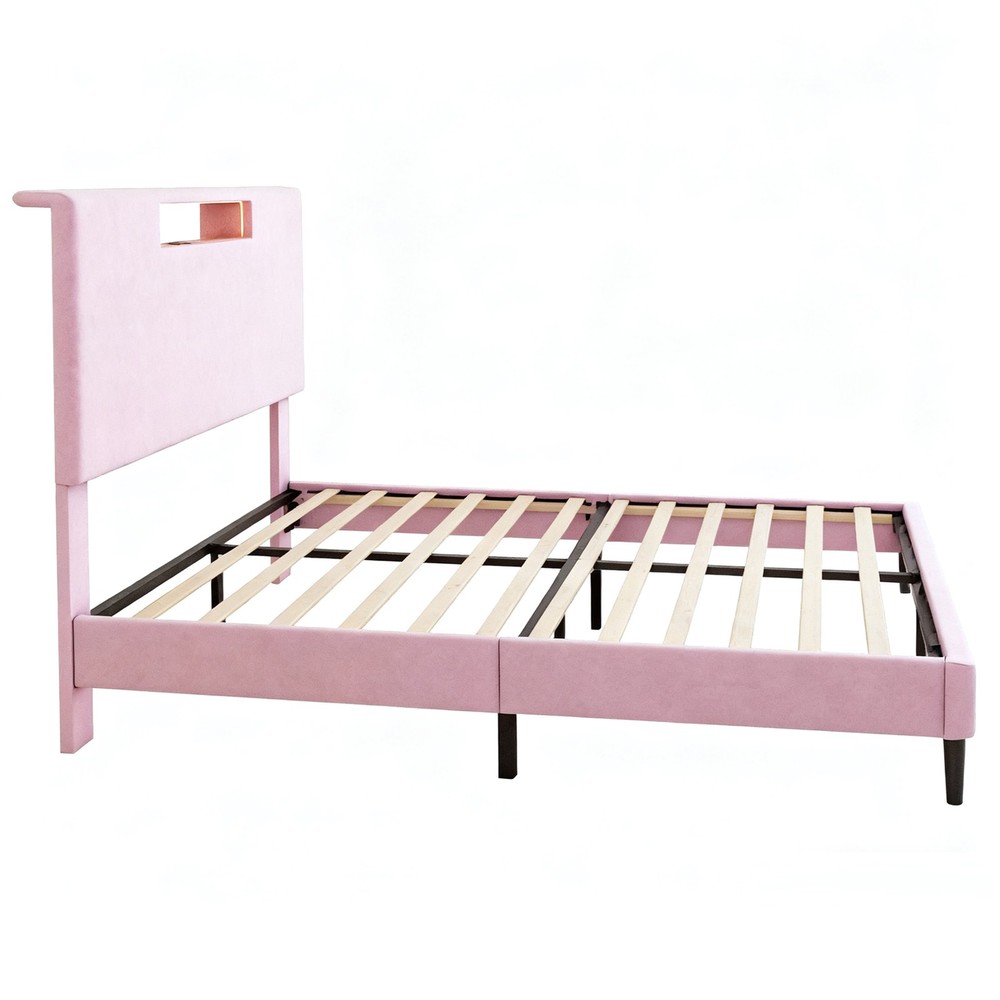Wooden Bed Frame Full Slat Support Platform Bed With High Headboard LED Lights