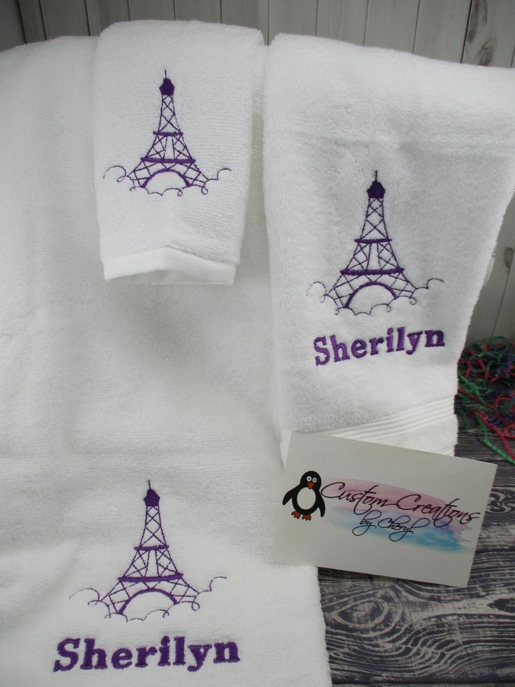 Eiffel Tower Paris Personalized 3 Piece Bath Towel Set Any Color