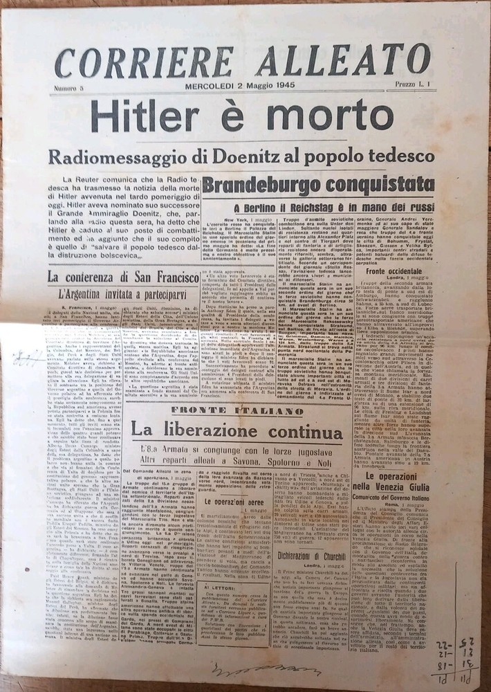 Newspapers. HITLER IS DEAD. 2 MAY 1945.