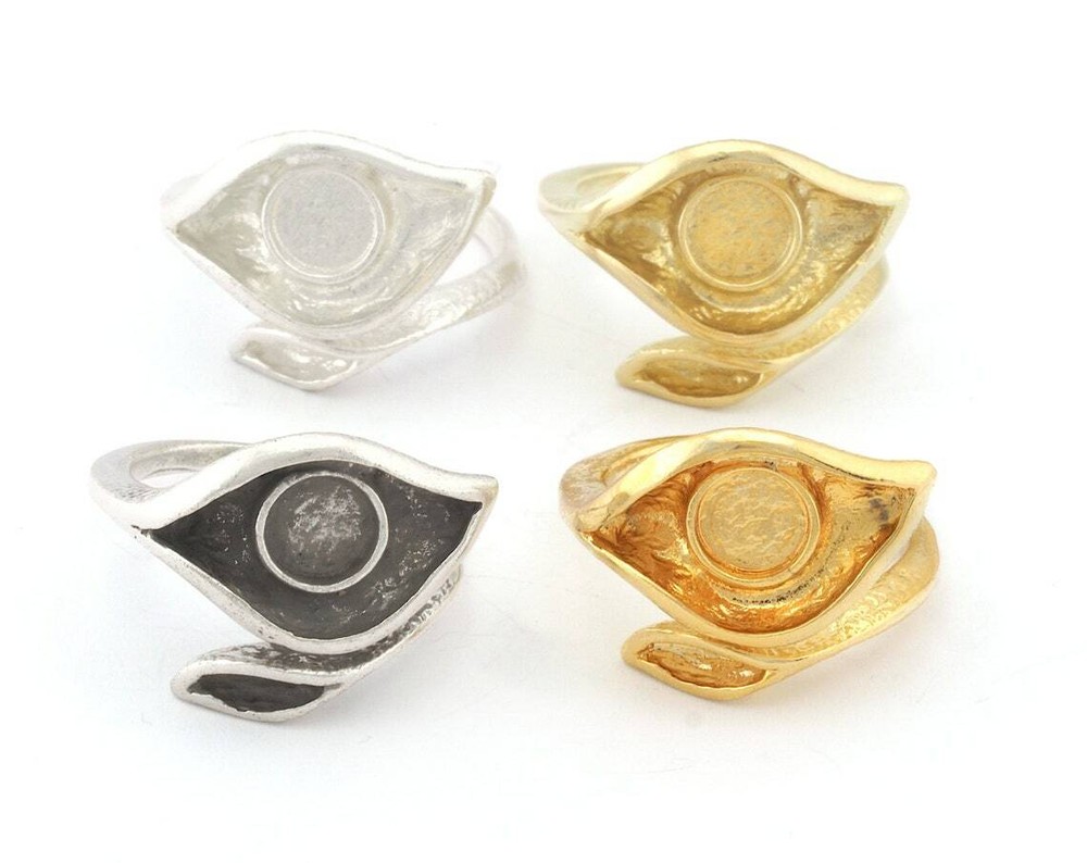 Leaf Eye Ring Adjustable Bezel Raw Brass,Shiny Silver-gold 7-9US size 4783