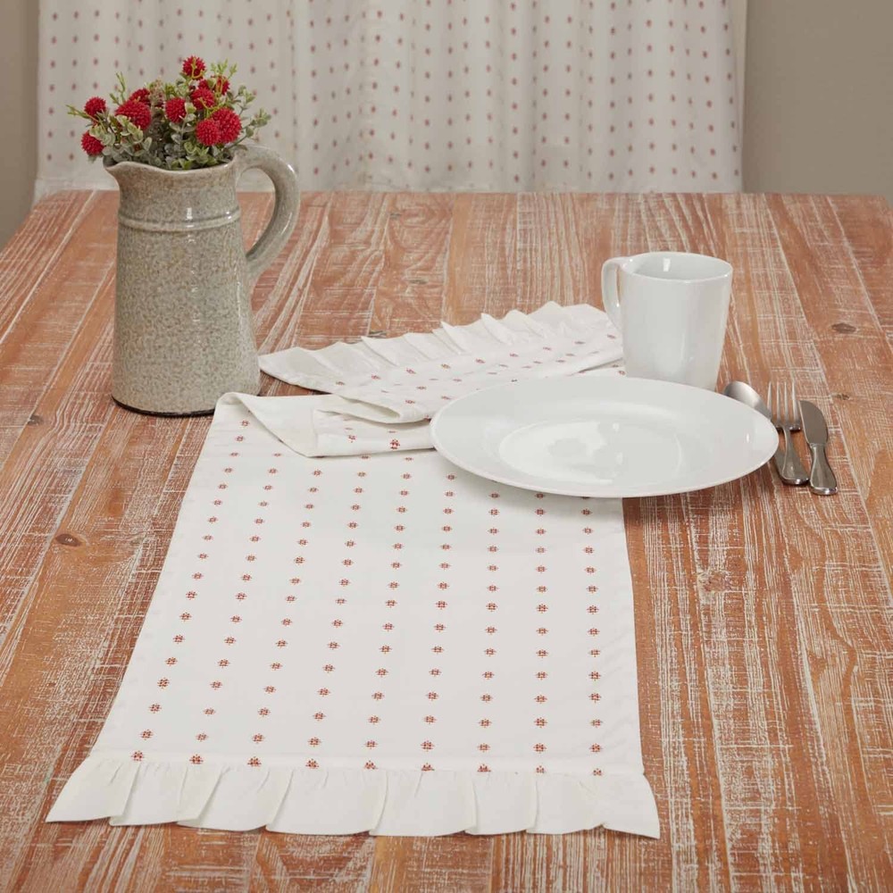 Abigail Ruffled Table Runner, 72" Long, Off White w/Red Dots Tabletop Décor