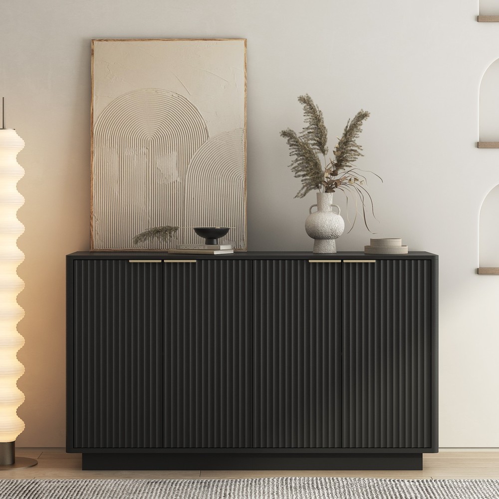 Black Modern Buffet Cabinet with Storage, Fluted Sideboard Large Buffet with A