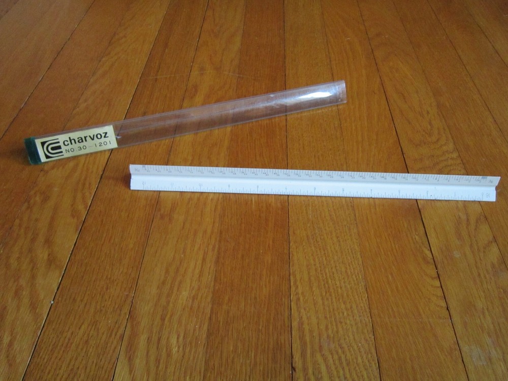 Vtg Charvoz 12" Architect Drafting Ruler 3 Sided Triangular Plastic 30-1201 Case