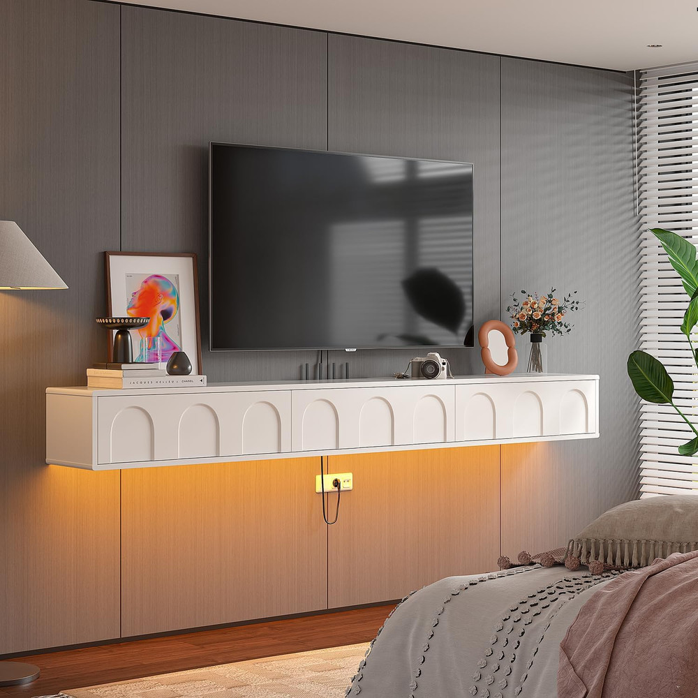 55'' Cream White Floating TV Stand - Fully Assembled Wall Console