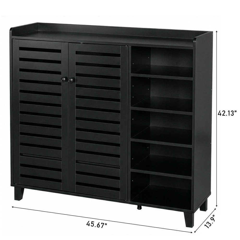 Shoe Cabinet w/ 2 Doors, 5 Open Compartments, Tabletop w/ Back Panel