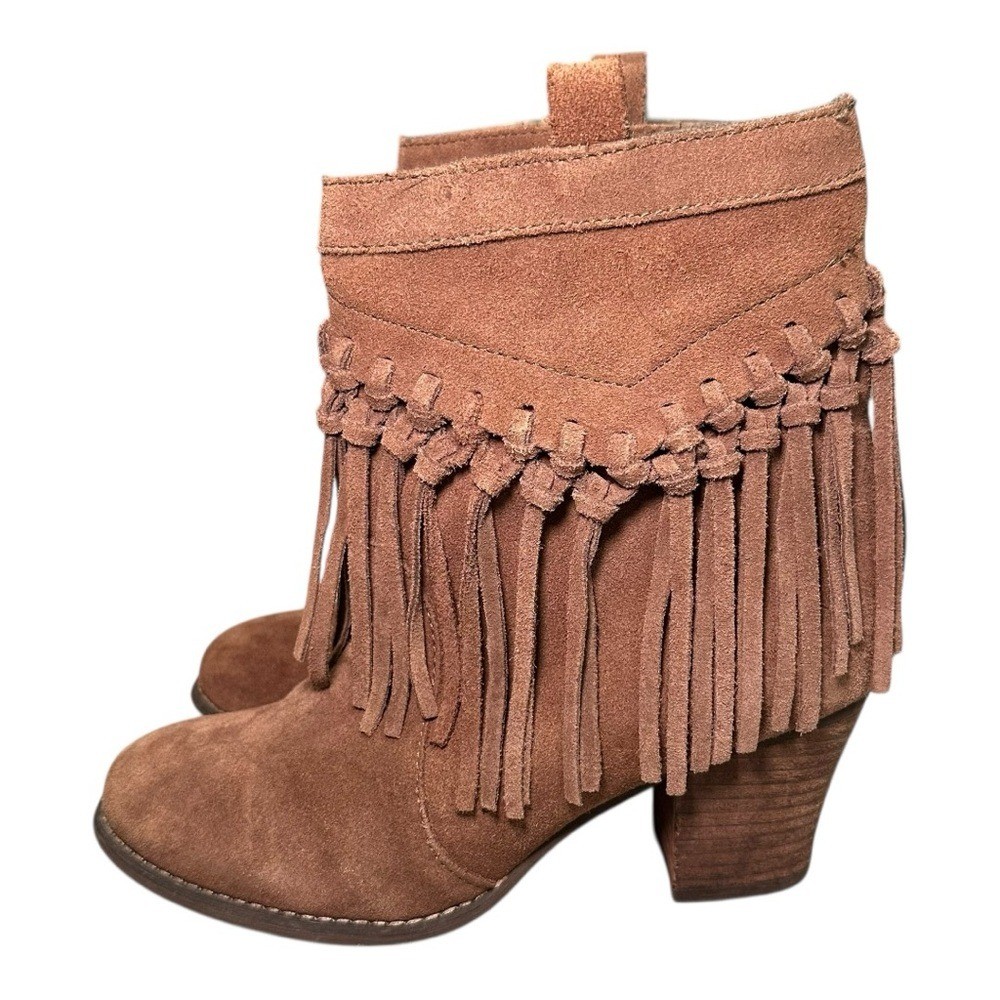 Sbicca Leather Fringe Western Booties Tan Suede Lined Pull-On Boot Size 7.5