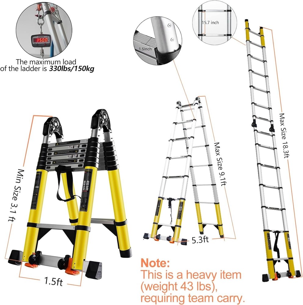 Telescoping Ladder A Frame, 18 Ft Compact Aluminum Extension Telescopic Step