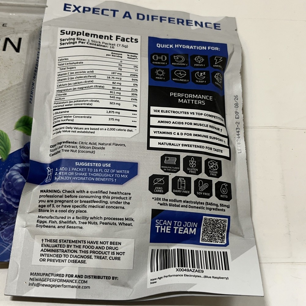 New Age Performance Hydration Boost 16 Packets Blue Rasp Two Pack Exp 08/2026