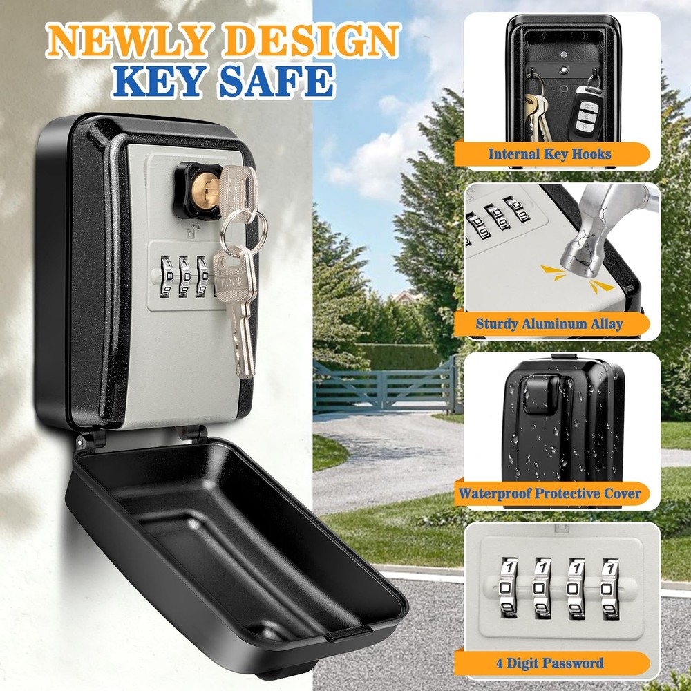Wall Mount Key Lock Box, Waterproof Lock Box for Keys with Code -Resettable C...