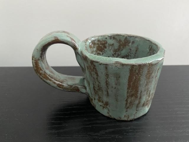 Pottery Handmade Candle Holder Handheld with Handle Rustic Blue Brown Small