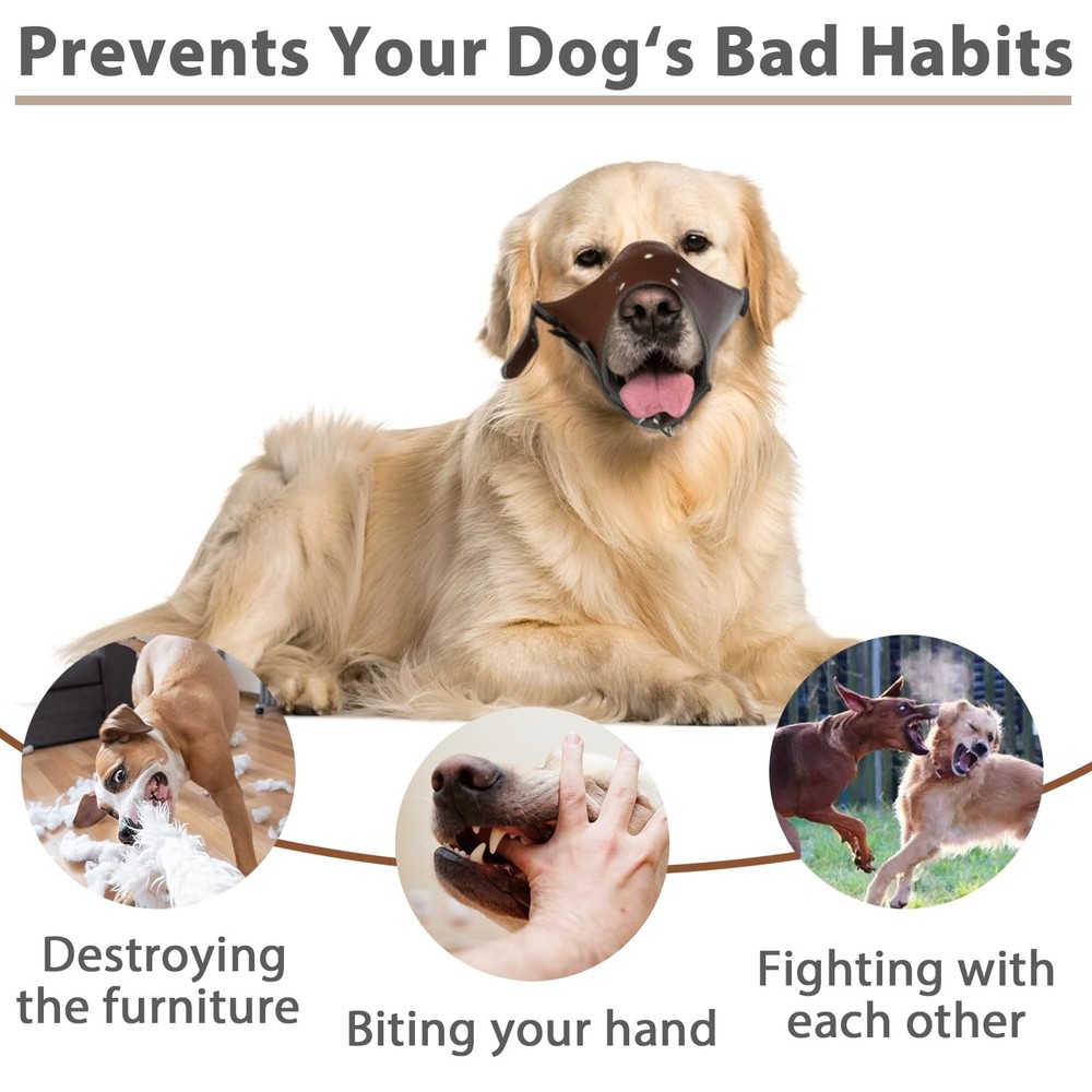 Dog Muzzle Leather, Soft Secure Anti-Barking Leather Muzzle for Large Sized D...