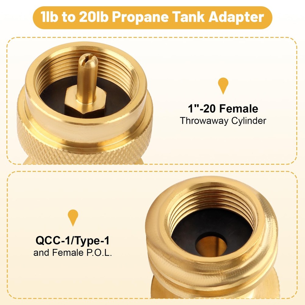 OJP 1lb Propane Tank Adapter, 20lb to Converter, Solid Brass