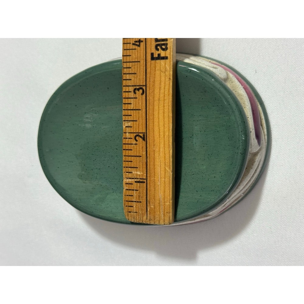 vintage studio art pottery soap dish green white