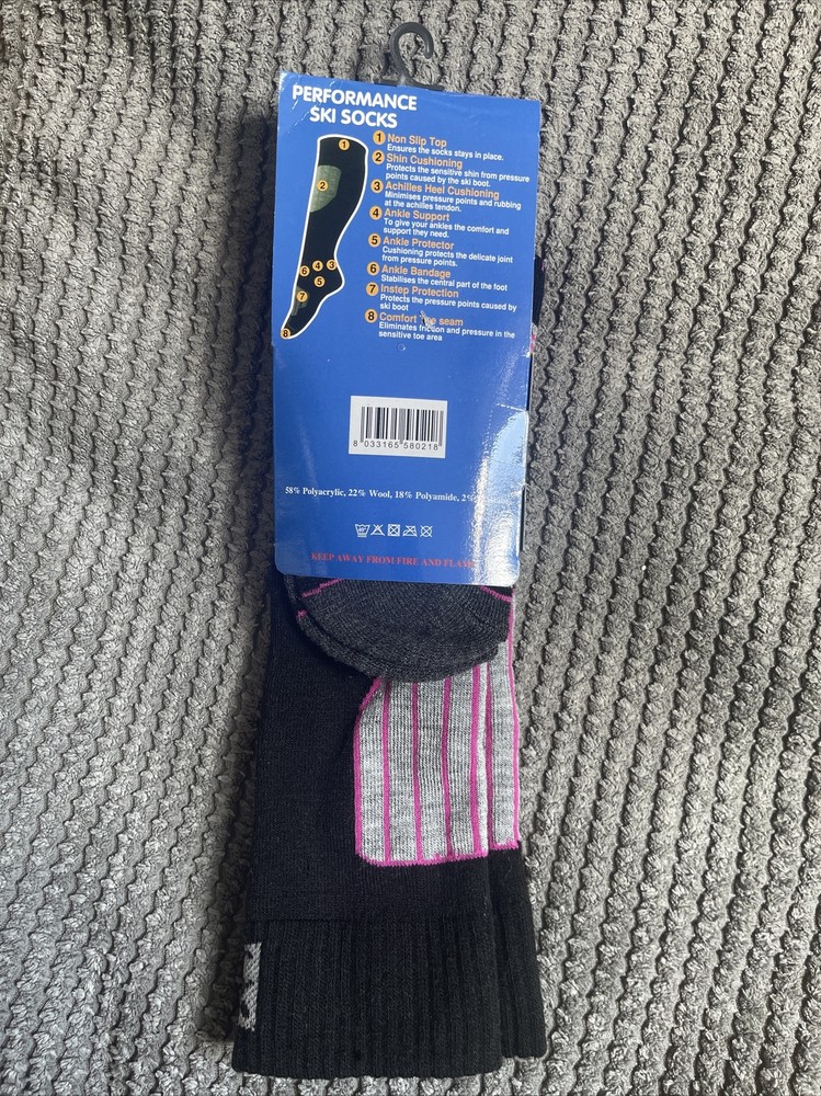 Performance Ski Socks, UK 4-8, Wool Blend Cushioned, Black/Pink