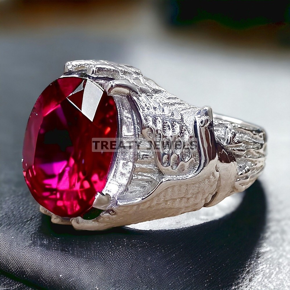Ruby Oval Cut Gemstone With 14K Solid White Gold Ring For Men's #A26