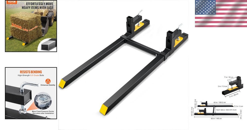 Versatile Loader Pallet Forks - 2000 lbs Capacity with Stabilizer for Tractors