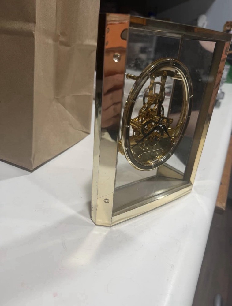 Gold Brass Skeleton Mechanical Glass Desk Clock Modern Rectangular Design