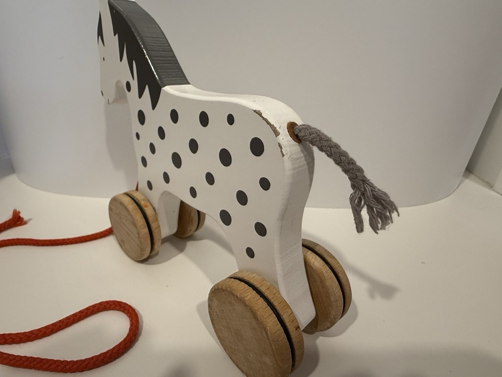 Vintage Goki Horse Pull Toy White With Black Mane And Spots Red Pull String