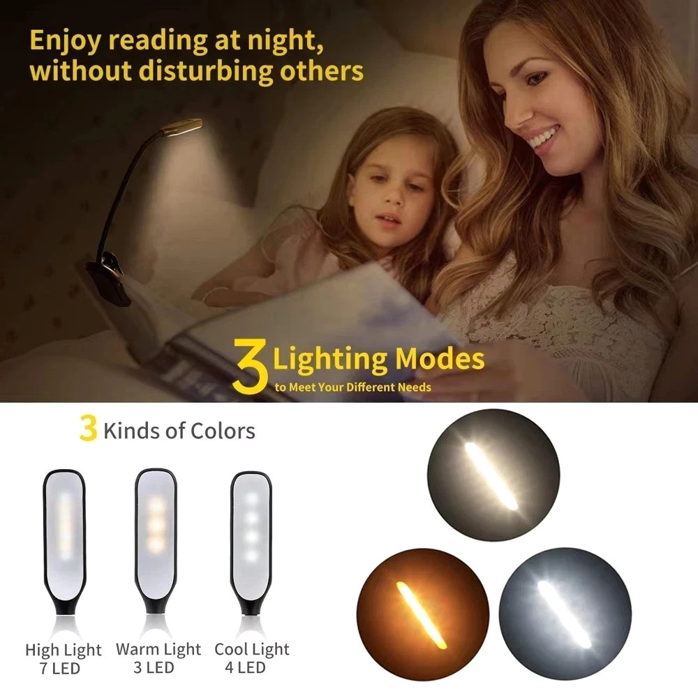 Flexible Rechargeable LED Book Light With 3 Light Modes Easy Clip Reading Lamp