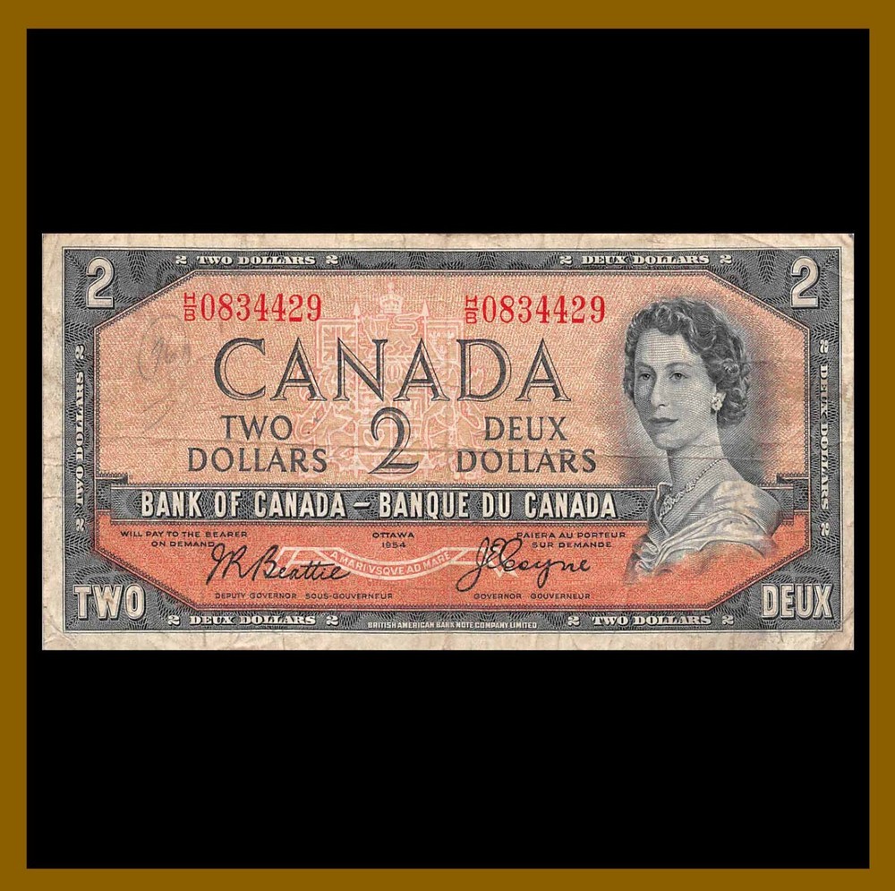 Canada 2 Dollars. 1954 P-67b Devil's Face QEII Cir #2