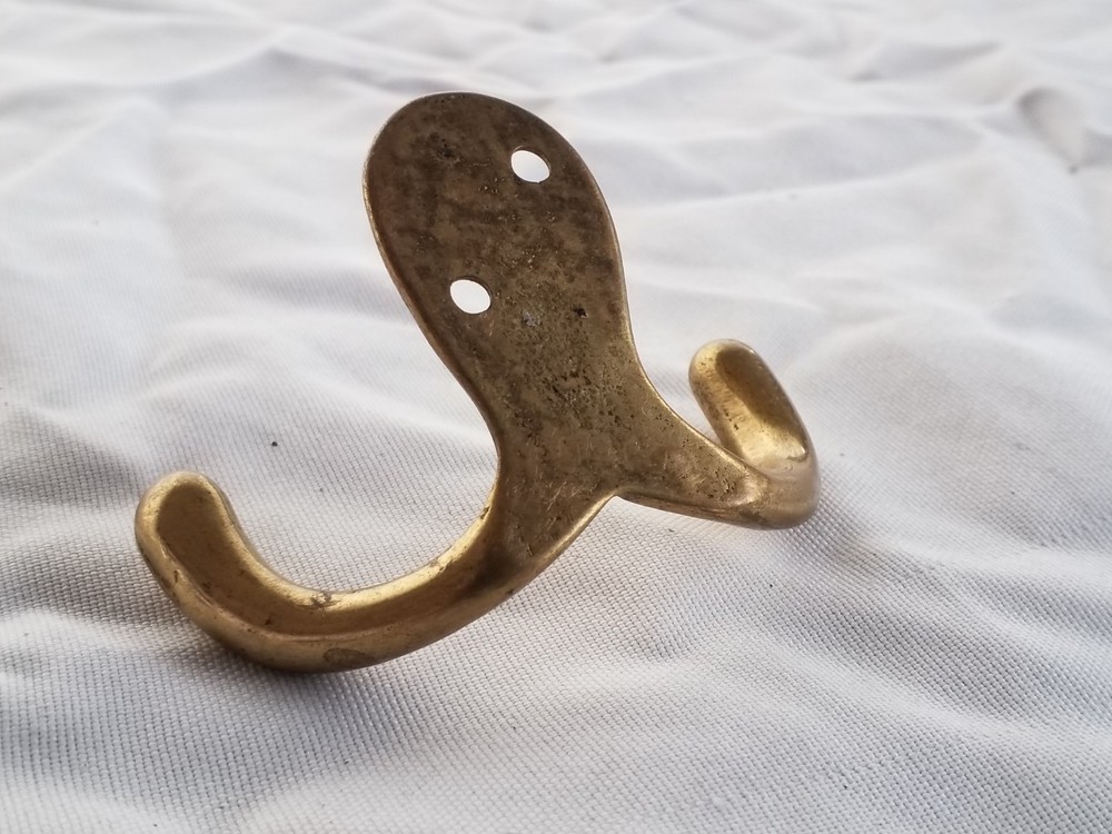 Vintage Hardware Solid Brass Wall Mount Double Robe/ Clothes Hook 2 Prong/ Hooks
