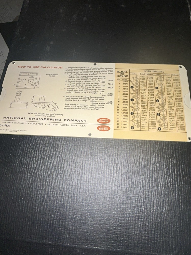 1966 Simpson Casting Weight Calculator National Engineering Co. Perrygraf