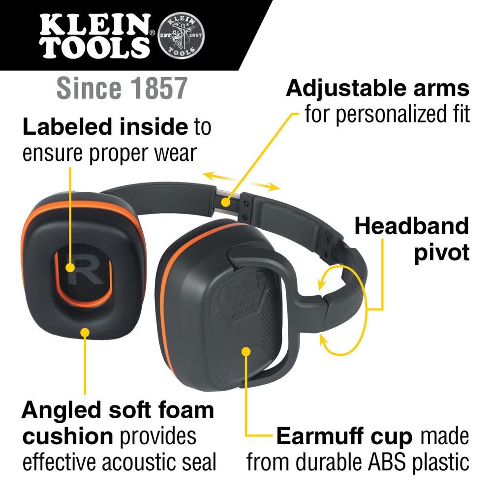 Klein Tools 60613 Behind-the-Head Earmuffs 25dB Hearing Protection, Adjustable
