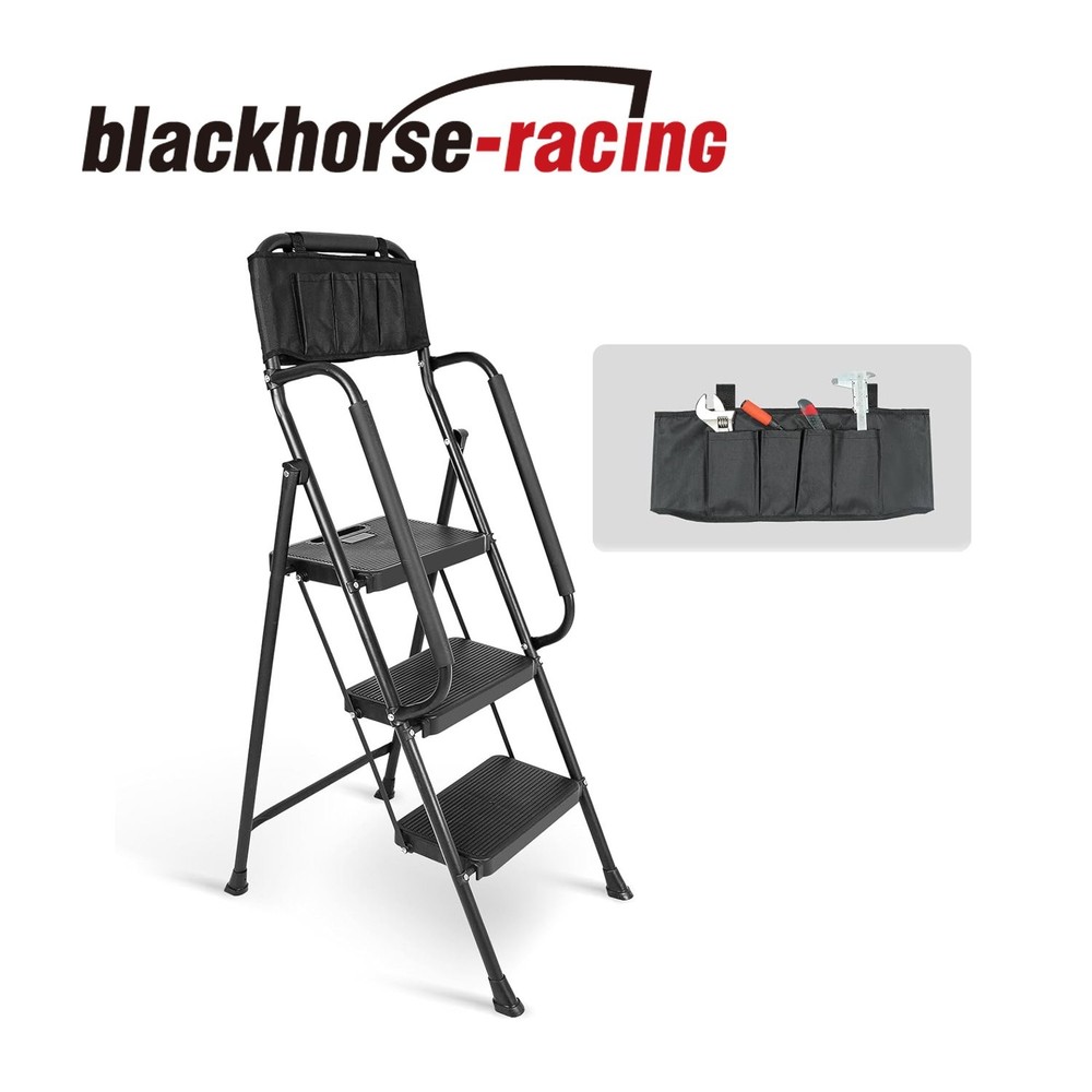 3 Step stool Ladder with Handrails 500 lbs folding Attachable Tool