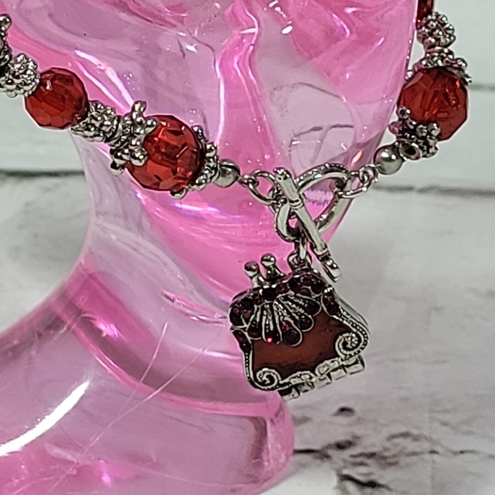 Beaded Bracelet with Locket Charm Red and Silver Tone