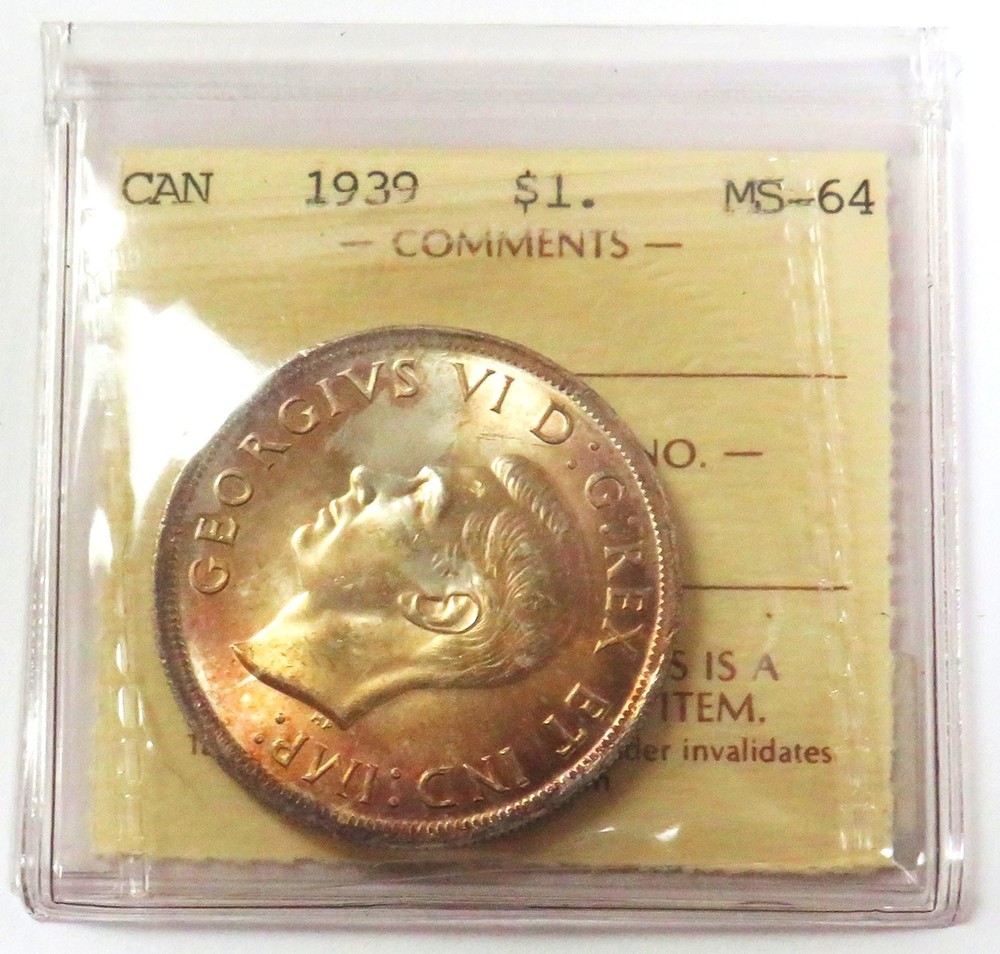 1939 CANADA SILVER $1 DOLLAR ICCS MS 64 COLOR