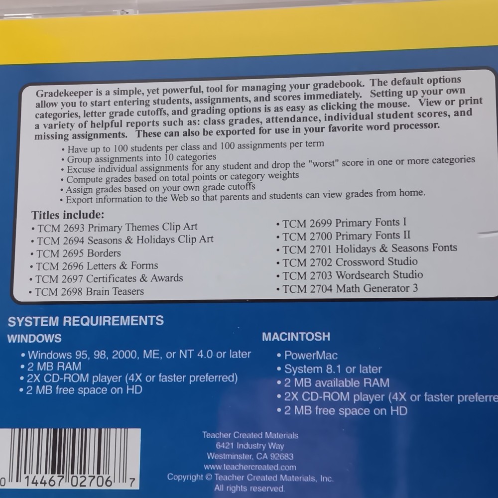 Vintage Software Tools, Gradekeeper, Teacher Created Materials Sealed CD-ROM