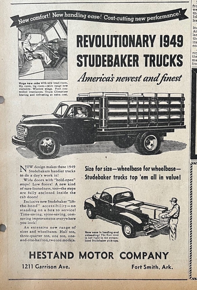 1949 newspaper ad for Studebaker Trucks - Revolutionary, cab comfort, easy load