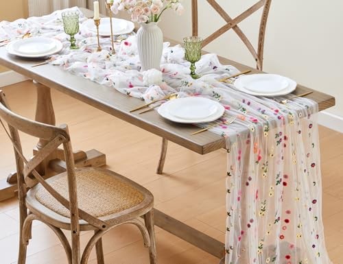 3pcs Embroidery Cheesecloth Table Runner Daisy Summer Fall 10ft x 3pack White