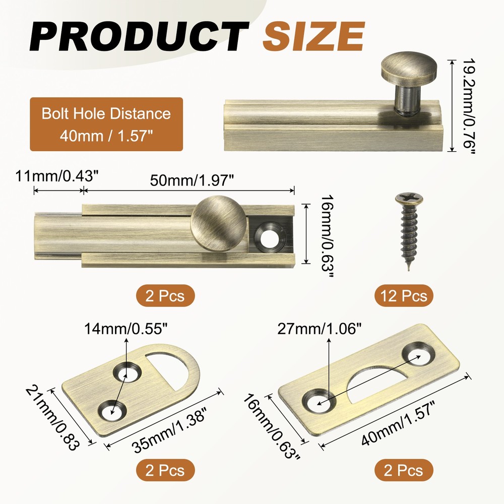 2Pcs 2" Solid Brass Surface Bolt, Brushed Slide Latch Door Lock, Bronze