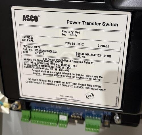 NEW 600 AMP ASCO ATS 208V 3PH AUTOMATIC TRANSFER SWITCH