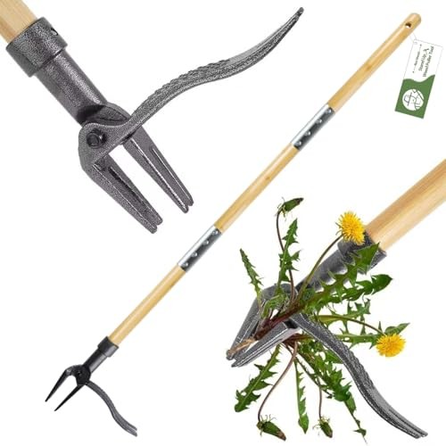 Weed Puller Tool, Stand Up Heavy Duty Root Removal Tool with 4 Bamboo brown