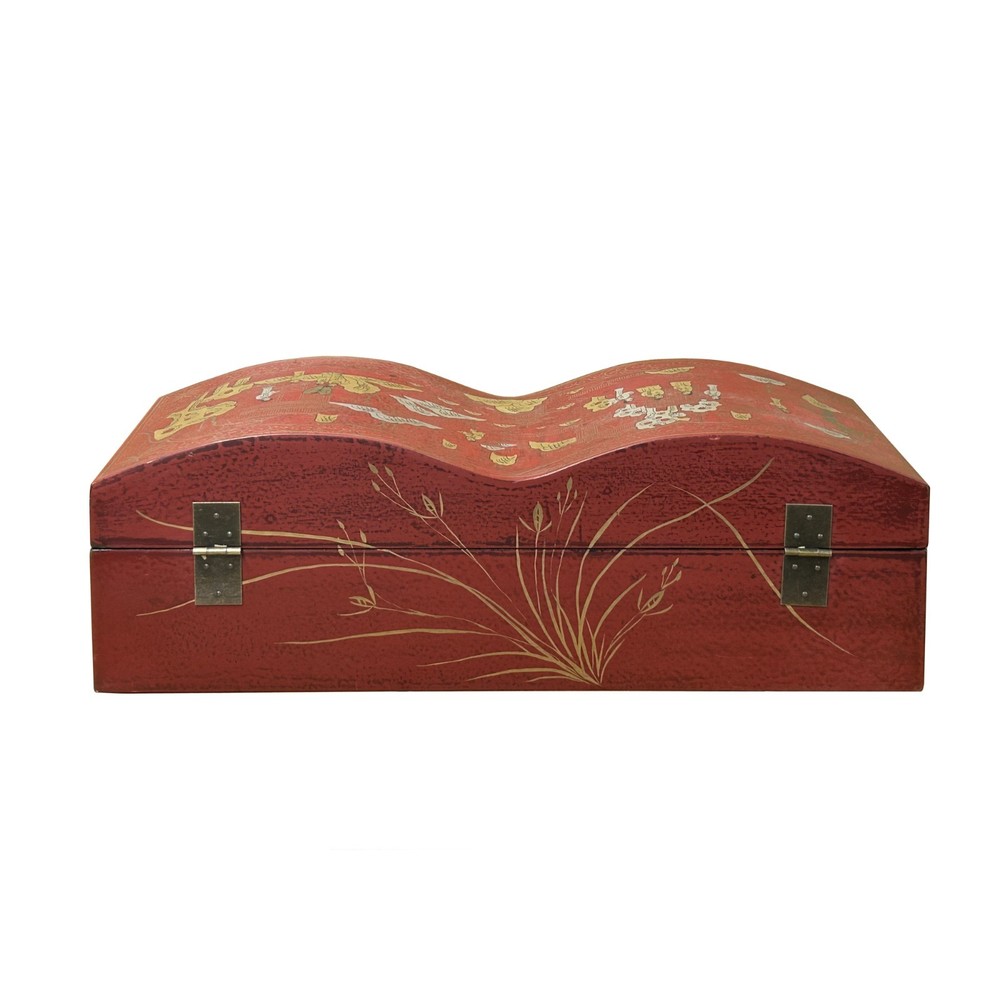 Red Lacquer Chinoiserie-style Gold Silver Scenery Graphic Rectangular Box GB230
