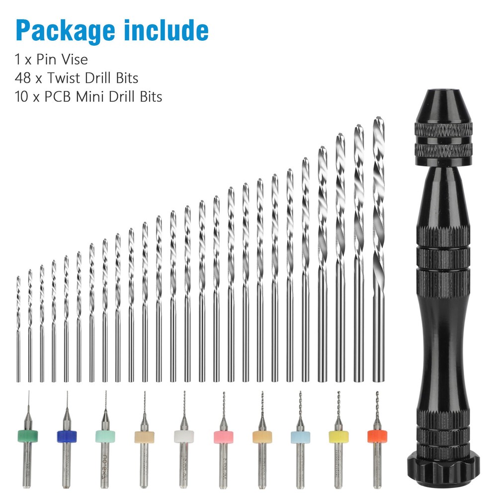 59Pcs Precision Pin Vise Mini Micro Hand Twist Drill Bits Set Rotary Tools Kit