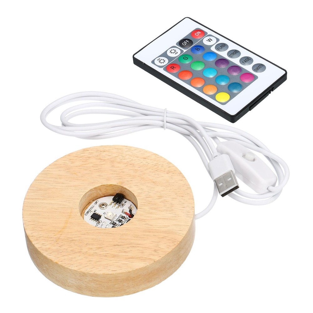 LED Light Round Wooden 3.94" Multicolored Display Base Stand with Remote Control