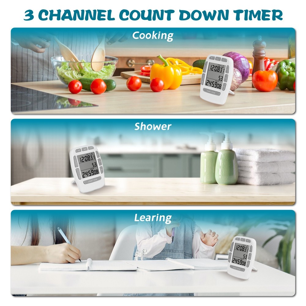 Digital Timer with Large LCD 3 Channel,Kitchen Timer,Count Down Up