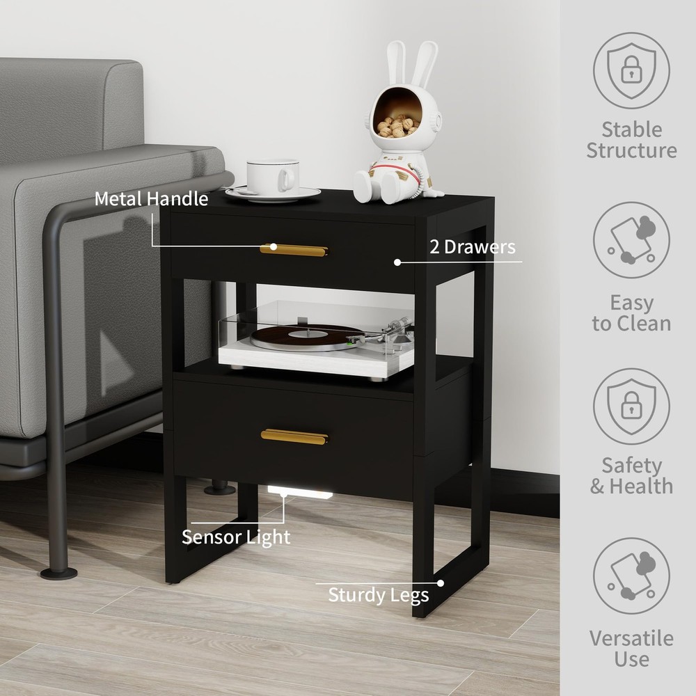 Wooden Nightstand Night Stand with Motion Sensor Light & Storage Drawer, Mode...