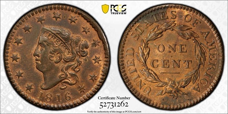 1816 1C PCGS MS 63 RB CAC