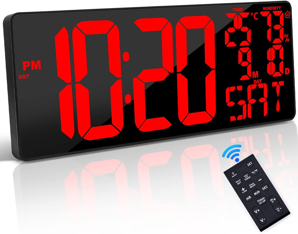 [Oversized] 18" Large Digital Wall Clock with Remote Control, Auto-Dimming Digit